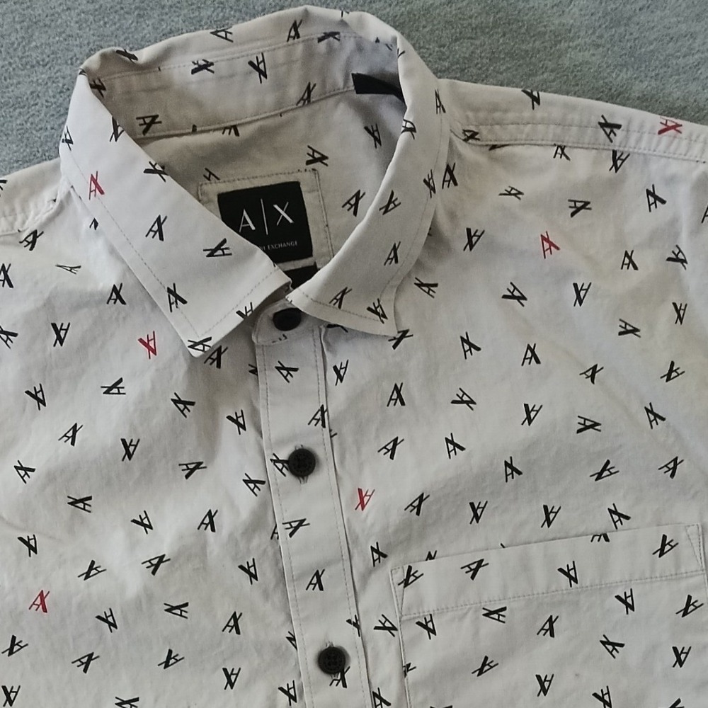 Armani Exchange Mens Slim Fit Logo Print Short Sleeve Button Down Shirt Grey M